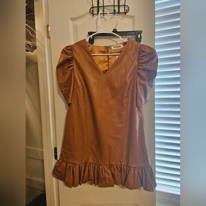 NWT Faux Leather Camel Puff Sleeve Shift Dress